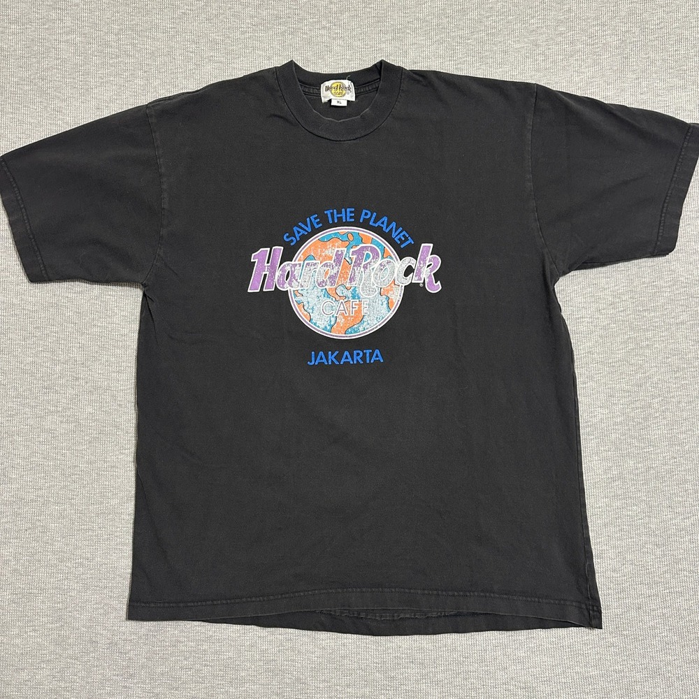 Vintage Hard Rock Cafe Jakarta Save The Planet Graphic Tee Faded Black Mens XL